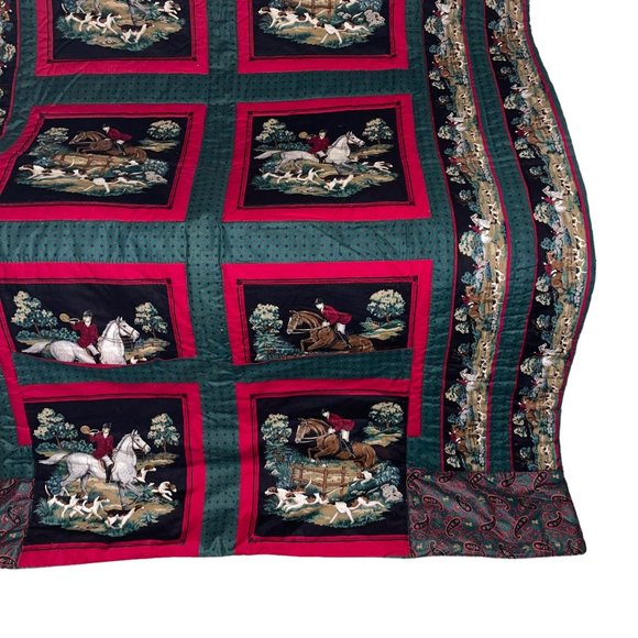 Handmade Vintage 70's Equestrian Horse Rider Beagle Hunting Paisley Quilt 66X52 - Picture 5 of 11